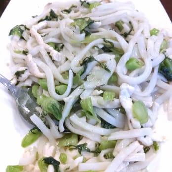 Dumpling Cafe - Sauteed shanghai noodles w chicken & mustard greens. Fine, but not our favorite so far. - Taiwanese Near Me - Boston, Massachusetts