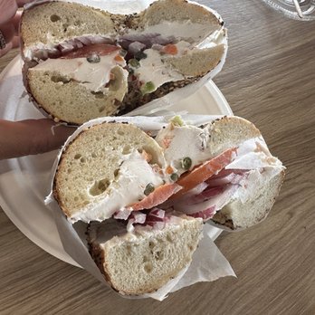 Bagel Boss Aventura - Everything bagel with vegan CC, tomato, onions and capers - Bagels Near Me - Aventura, Florida