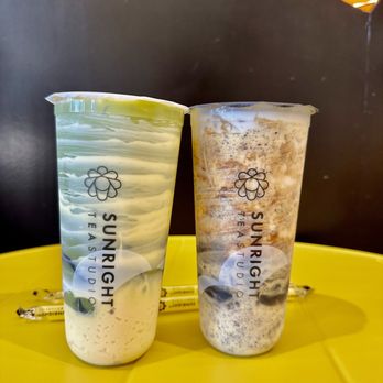 Sunright Tea Studio - Matcha brûlée oat latte w/ grass jelly + Oreo brûlée boba milk - Bubble Tea Near Me - Federal Way, Washington