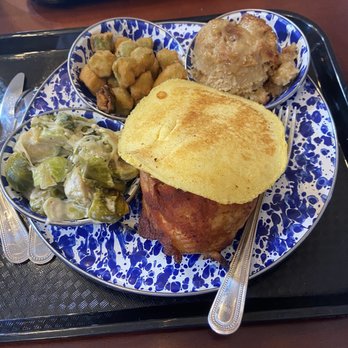 Belle Meade Meat and Three - A full plate with bbq chicken fried okra and Brussels sprouts bread pudding and corn bread. - Southern Near Me - Nashville, Tennessee Belle Meade Meat and Three - A full plate with bbq chicken fried okra and Brussels sprouts bread pudding and corn bread. - Southern Near Me - Nashville, Tennessee