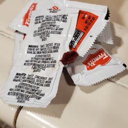 Glob of sticky packets of ketchup that were in our bag went straight into the trash! Glob of sticky packets of ketchup that were in our bag went straight into the trash!