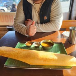 The thumbs up should say it all! This was the butter chicken dosa. Most of the dishes contain potato, so they fill you quick! The thumbs up should say it all! This was the butter chicken dosa. Most of the dishes contain potato, so they fill you quick!