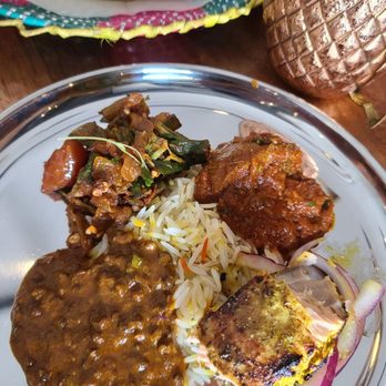 Khan Saab Desi Craft Kitchen - My plate with Dal Bhukara, Bhindi Masala Lamb Rogan Josh, Smoked Salmon Kabob, Basmati Rice, Garlic Naan 07-24-2021 - Pakistani Near Me - Fullerton, California Khan Saab Desi Craft Kitchen - My plate with Dal Bhukara, Bhindi Masala Lamb Rogan Josh, Smoked Salmon Kabob, Basmati Rice, Garlic Naan 07-24-2021 - Pakistani Near Me - Fullerton, California