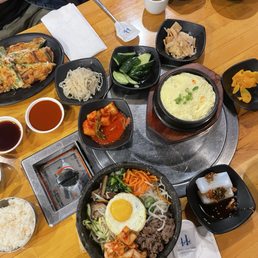 Hot Stone Pot Bi-Bim Bab, Soft Tofu Soup, Seafood and Scallion Pancake, Steamed Eggs in a Hot Pot