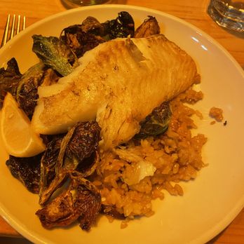 Seamore's - Arlington - Simply Grilled Haddock with Sticky Rice & Brussels. Huge winner! - Seafood Near Me - Arlington, Virginia Seamore's - Arlington - Simply Grilled Haddock with Sticky Rice & Brussels. Huge winner! - Seafood Near Me - Arlington, Virginia