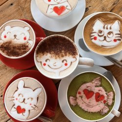 Latte, cappuccino, hot chocolate, and matcha