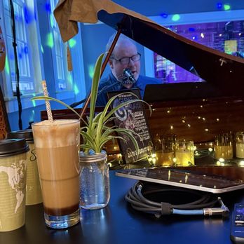 Cafe Rock Yer Block - Iced Snickers Latte (foreground) Glen's Galaxy featuring Glen Nelson (background) - Cafes Near Me - Plymouth, Connecticut Cafe Rock Yer Block - Iced Snickers Latte (foreground) Glen's Galaxy featuring Glen Nelson (background) - Cafes Near Me - Plymouth, Connecticut