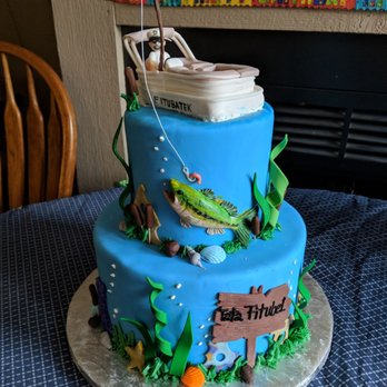 Milette's Cakes - My dad's awesome cake! Asked for a figure of him riding his pontoon boat while fishing, with an underwater theme for the tiers. Perfection!! - Cupcakes Near Me - Plainfield, Illinois