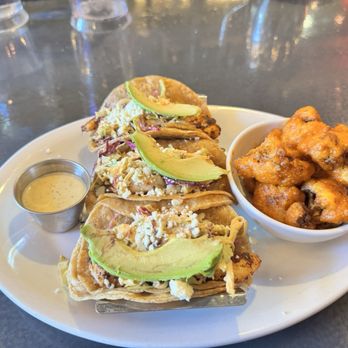Big Lug Canteen - Blackened Cod Baja Tacos (3) and spicy garlic cauliflower - Breweries Near Me - Indianapolis, Indiana