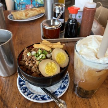 Joy - Minced pork on rice - super flavorful and really filling, plus sea salt cream black tea with boba - YUM - Taiwanese Near Me - Los Angeles, California Joy - Minced pork on rice - super flavorful and really filling, plus sea salt cream black tea with boba - YUM - Taiwanese Near Me - Los Angeles, California