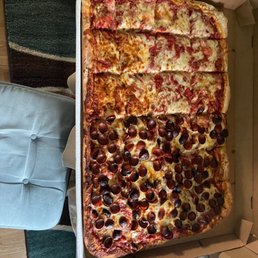 Full sheet pizza 1/2 cheese 1/2 cupchar pepperoni.