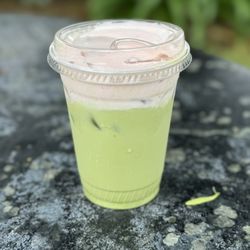 Drinx - Iced matcha with oatmilk and topped with strawberry foam