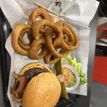 The Getaway Grille and Bar - The classic burger with onion rings - Chicken Wings Near Me - Tallahassee, Florida The Getaway Grille and Bar - The classic burger with onion rings - Chicken Wings Near Me - Tallahassee, Florida
