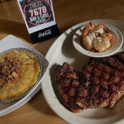 7670 Grill - Steak and Mac with a side of shrimp.