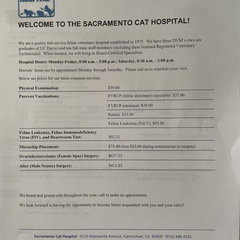 Sacramento Cat Hospital - Pricing sheet for some standard services - Veterinarians Near Me - Carmichael, California