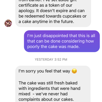 Batter ‘N Icing - They apparently never had a complaint about their cakes. I'm not sure what this has to do with my cake. - Cupcakes Near Me - Danville, California