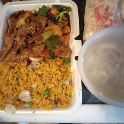 Chopstick Chinese Restaurant - Hunan beef, fried rice and soup.