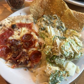 Cane Rosso - My plate I made with a slice of roni pizza, Caesar salad, and spinach dip with tortilla chips. - Salad Near Me - Arlington, Texas Cane Rosso - My plate I made with a slice of roni pizza, Caesar salad, and spinach dip with tortilla chips. - Salad Near Me - Arlington, Texas