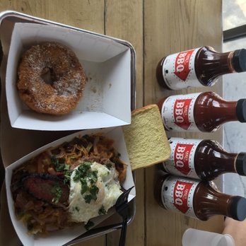 Earl's BBQ - Picture of my skillet and donut.............. All of Earls famous sauces, I like the Chicago style and Earls original. - Donuts Near Me - Chicago, Illinois