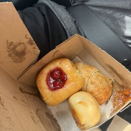 Cherry kolache, sausage gravy kolache, sausage egg and cheese filled croissant, apricot kolache (already eaten whoops) Cherry kolache, sausage gravy kolache, sausage egg and cheese filled croissant, apricot kolache (already eaten whoops)