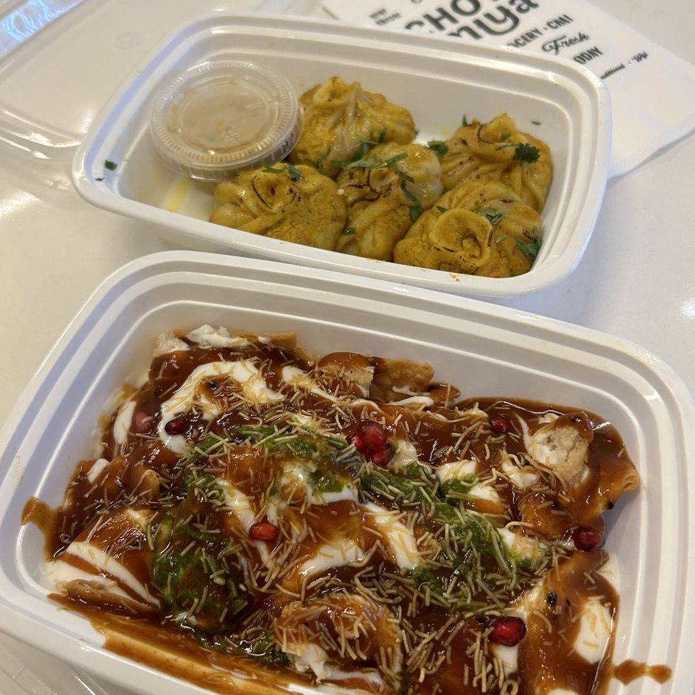 Chote Miya - Papdi chaat (front), Paneer Khurchan Momo(6pc) - both amazing! - Indian Near Me - New York, New York Chote Miya - Papdi chaat (front), Paneer Khurchan Momo(6pc) - both amazing! - Indian Near Me - New York, New York