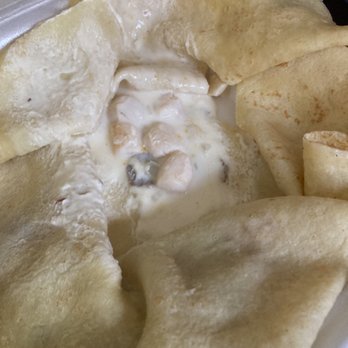 Midtown Creperie & Cafe - Inside the Esplanade crepe, missing shrimp and barely there scallops! - Breakfast & Brunch Near Me - Stockton, California