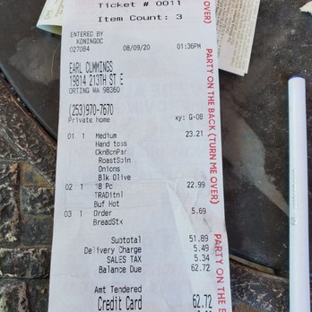 Pizza Hut - Our receipt for 1 pizza,  18 wings, and an order of breadsticks. - Pizza Near Me - Orting, Washington