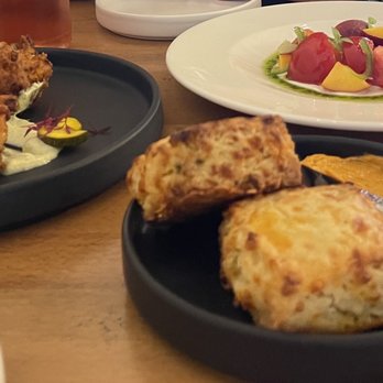 Mesa Provisions - Corn fritters, biscuits, peach salad - New American Near Me - Albuquerque, New Mexico Mesa Provisions - Corn fritters, biscuits, peach salad - New American Near Me - Albuquerque, New Mexico