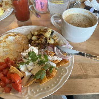 Sage Social Eatery - Chilaquiles and Vanilla Latte (hot). - Latin American Near Me - Covina, California