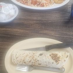 Breakfast burrito and chilaquilles.