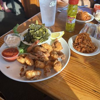 Marina Variety Store Restaurant - Fried local shrimp with collards and red rice. - Seafood Near Me - Charleston, South Carolina