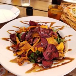 La Oca - Sweet potato and beet chip salad with burrata in a honey balsamic dressing