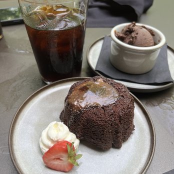 Longleaf - Dessert - chocolate cake with fudgy center, iced coffee and vegan dark chocolate gelato! - New American Near Me - Atlanta, Georgia Longleaf - Dessert - chocolate cake with fudgy center, iced coffee and vegan dark chocolate gelato! - New American Near Me - Atlanta, Georgia