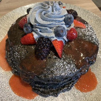 Basalt - Charcoal pancakes with guava syrup - New American Near Me - Honolulu, Hawaii Basalt - Charcoal pancakes with guava syrup - New American Near Me - Honolulu, Hawaii