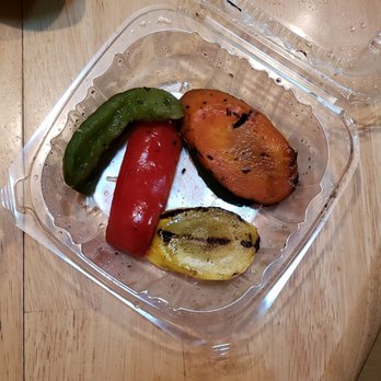 2Booli - side of grilled veggies paid extra for,1 carrot slice, 1 pepper slice & 1 zucchini slice.Spent $20 in rice to get a plate size of rice. - Mediterranean Near Me - Farmington Hills, Michigan
