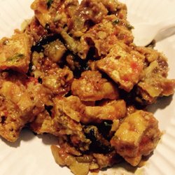 Hari's Vegetarian - Tofu and Eggplant Curry, without rice (by request). Enough to fill a dinner plate, for 5.