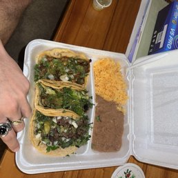 Asada Steak Taco, Pollo Taco, Vegetable Taco with rice and Mexican beans.