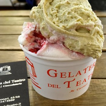 Gelateria del Teatro - Sicilian pistachio and garden sage with raspberry. €4.50 cup - Ice Cream & Frozen Yogurt Near Me - Rome, RM
