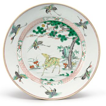 Zeek Art - A LARGE FAMILLE-VERTE 'DEER AND CRANE' DISH QING DYNASTY, KANGXI PERIOD - Antiques Near Me - Arcadia, California Zeek Art - A LARGE FAMILLE-VERTE 'DEER AND CRANE' DISH QING DYNASTY, KANGXI PERIOD - Antiques Near Me - Arcadia, California