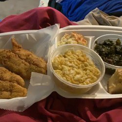 Sophisticated Soul - Catfish, Mac and cheese, collard greens, Potato Salad and cornbread. It's A-MAZ-ING
