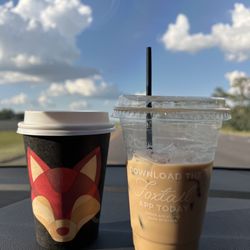 Foxtail Coffee - Hot late and iced latte with pump of hazelnut