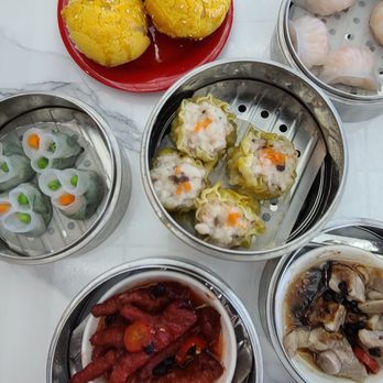 Dim Sum Box - Baked salted egg yolk lava buns, har gow, shu mai, pork riblets, chicken feet and snow pea dumplings - Dim Sum Near Me - Katy, Texas