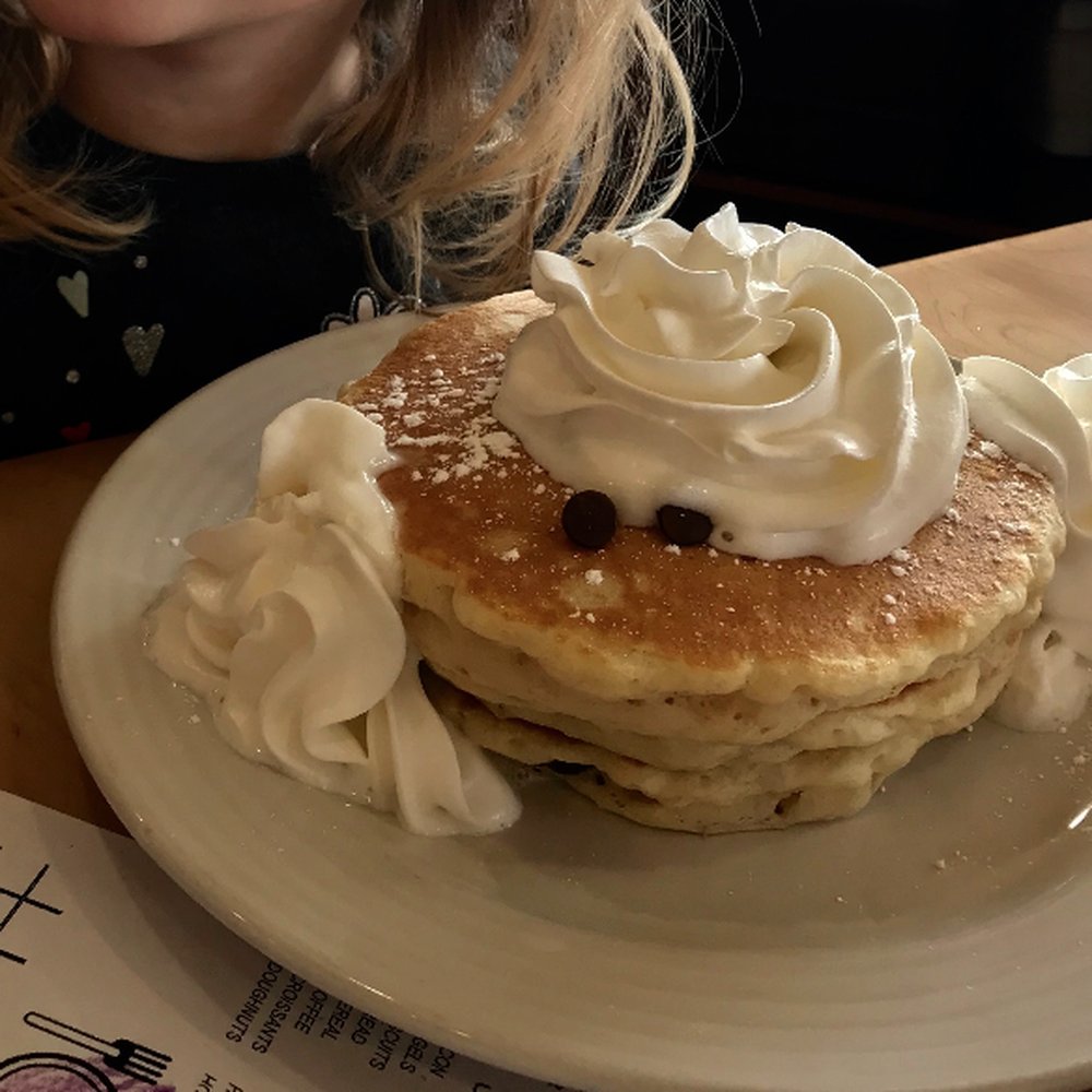 Stacked - Delicious Kids pancake short stack! With chocolate chips and whip cream of course - Breakfast & Brunch Near Me - Oak Lawn, Illinois Stacked - Delicious Kids pancake short stack! With chocolate chips and whip cream of course - Breakfast & Brunch Near Me - Oak Lawn, Illinois