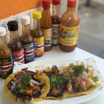 Mariscos El Submarino - L to R: Costra Taco (~$5), The Craken Taco (~$7), Pescado Taco (~$5) - Mexican Near Me - Jersey City, New Jersey Mariscos El Submarino - L to R: Costra Taco (~$5), The Craken Taco (~$7), Pescado Taco (~$5) - Mexican Near Me - Jersey City, New Jersey