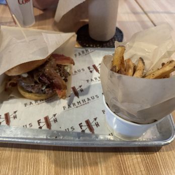 Farmhaus Burger - Bacon and Blue Burger with the Sea Salt and Pepper Fries. - Burgers Near Me - Augusta, Georgia