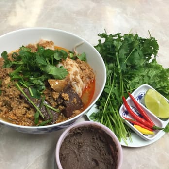 Hongthong kitchen - Kow Boun ( vermicelli noodles in fish based broth) with side of fresh veggies and shrimp paste to dip my peppers with. - Thai Near Me - Haltom City, Texas