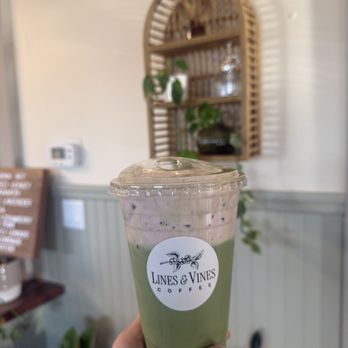 Lines and Vines Coffee - Iced matcha with strawberry cold foam - Coffee & Tea Near Me - New Smyrna Beach, Florida Lines and Vines Coffee - Iced matcha with strawberry cold foam - Coffee & Tea Near Me - New Smyrna Beach, Florida