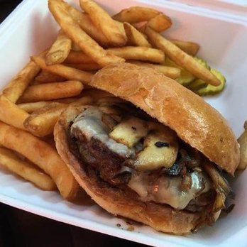 Olde School Deli - Mushroom Swiss burger w/ Beer battered fries, at Olde School Deli in Canaan, Ct. - Delis Near Me - Canaan, Connecticut