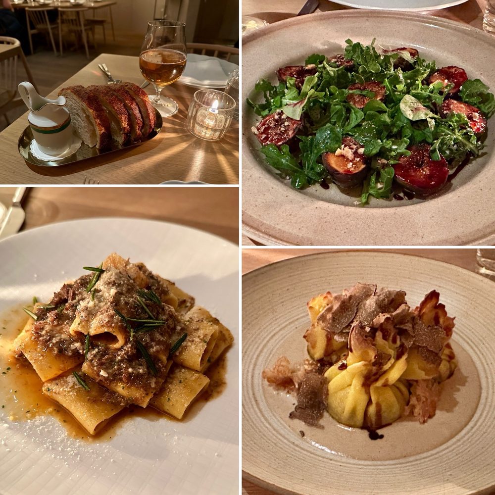 Sourdough bread, fig/arugula/mozzarella salad, duck pasta, beef pasta. Sourdough bread, fig/arugula/mozzarella salad, duck pasta, beef pasta.