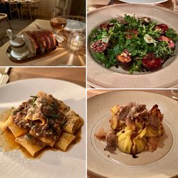 Sourdough bread, fig/arugula/mozzarella salad, duck pasta, beef pasta. Sourdough bread, fig/arugula/mozzarella salad, duck pasta, beef pasta.